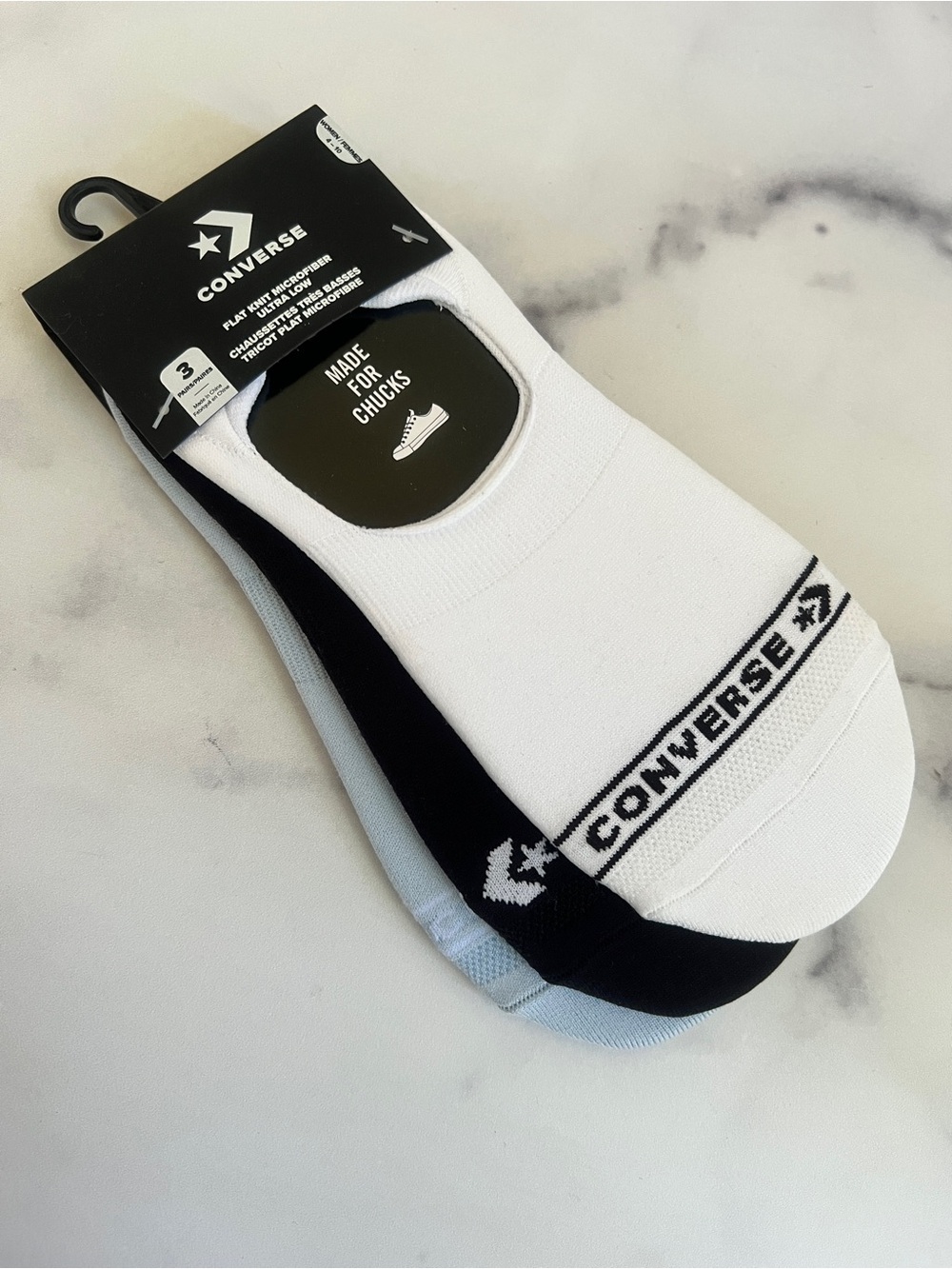 NEW Converse 3 Pack Flat Knit Microfiber Ultra Low-Cut Socks, White/Black/Blue